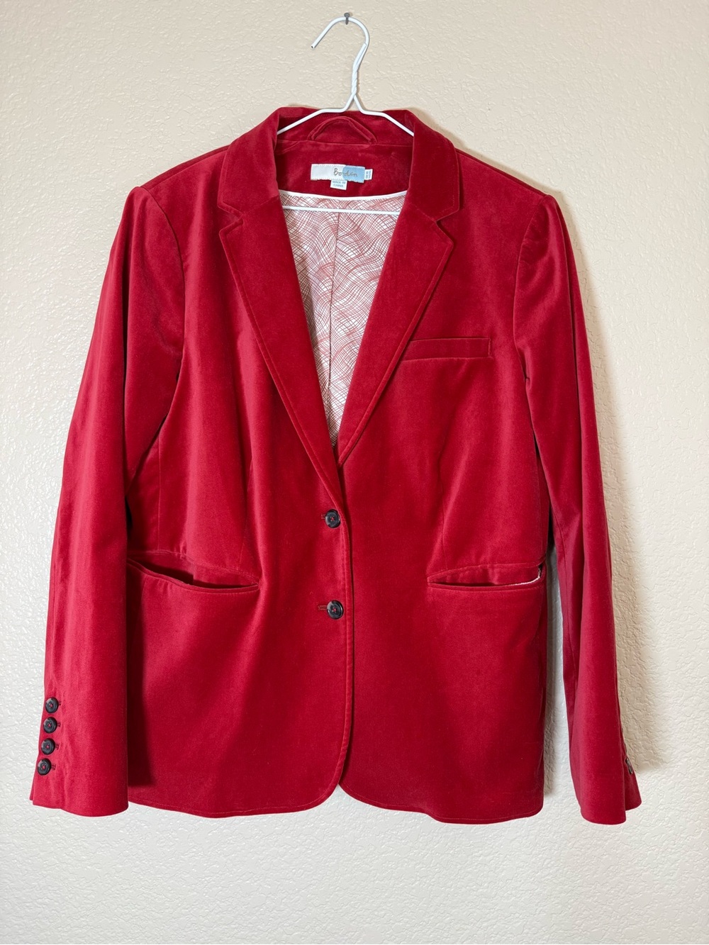 Boden Red Velvet Cotton Blazer Jacket Tailored Holiday Christmas Work Classic Sz